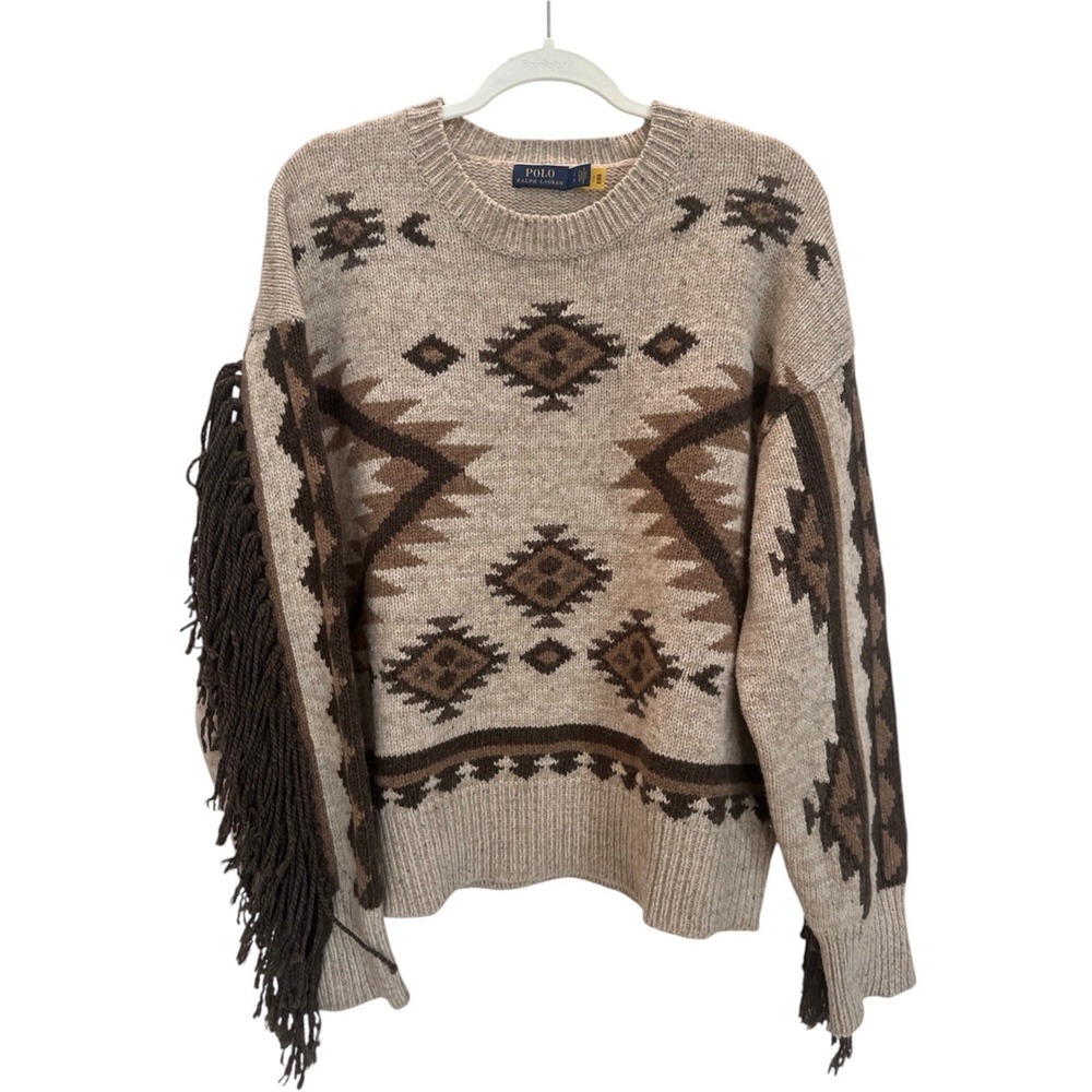 POLO RALPH LAUREN 100% Wool Tan Brown Western Fringe Knit Sweater Sz L